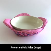 Image 3 of Reversible Bowl Cozy - Flowers on Pink Stripes