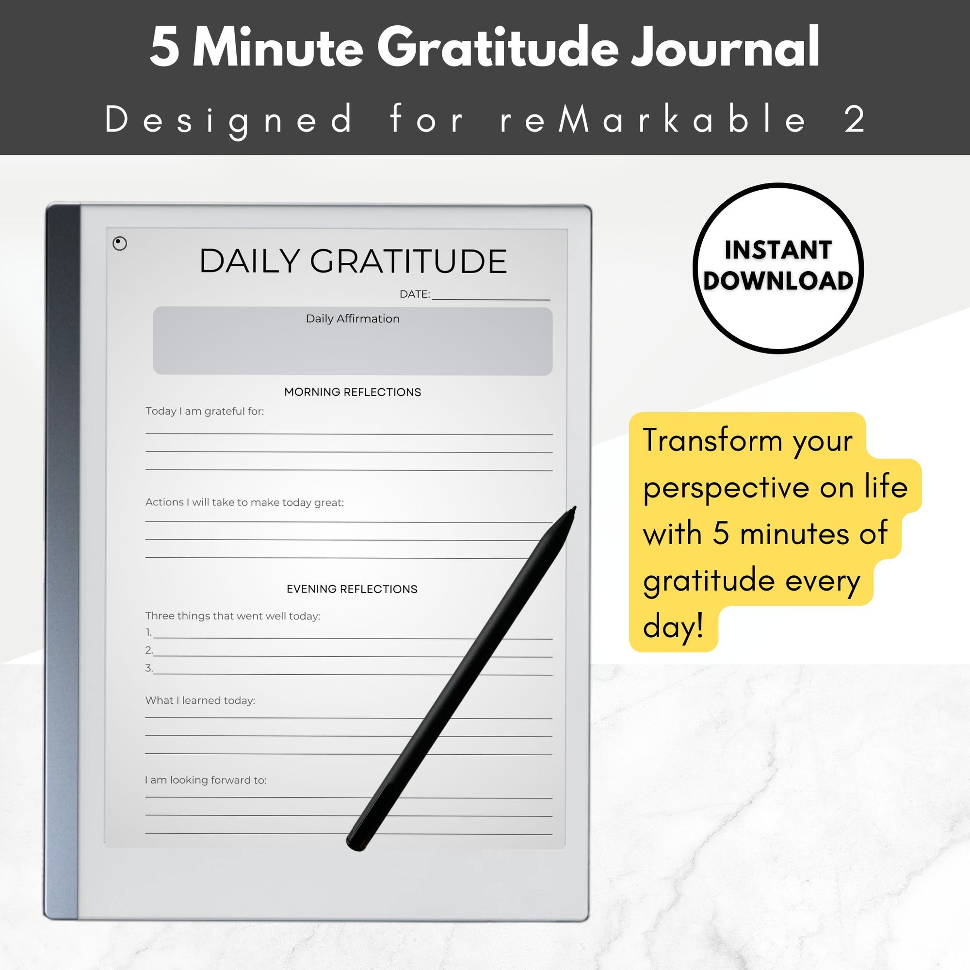 5-Minute Gratitude Journal reMarkable 2 Template | Smart Planner 