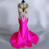 Hot Pink Mermaid Evening Gown with rhinestone applique , feather trimmed hem
