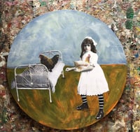 "A hen rescue " Unique Circular Vintage girl  mixed media painting with chickens 