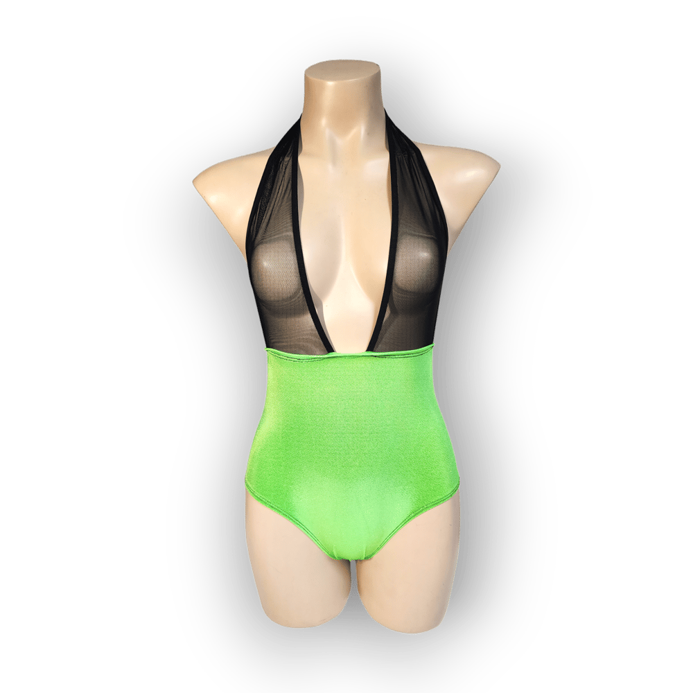 Image of Lime Sparkleflex plunging neckline Bodysuit