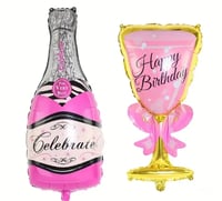 Image 1 of 2pcs Happy Birthday Champagne Bottle and Wine Glass Shaped Foil Balloons - Birthday Party Decoration