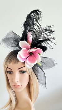 Image 1 of Pink Magnolia with Black Feathers Fascinator, Headband, Boho, Weddings, Races, Melbourne Cup, Handma