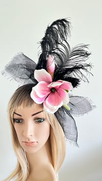 Image 2 of Pink Magnolia with Black Feathers Fascinator, Headband, Boho, Weddings, Races, Melbourne Cup, Handma