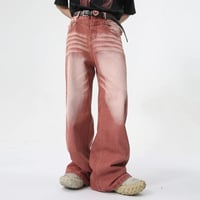Image 2 of Men's Red Washed Wide-Leg Jeans