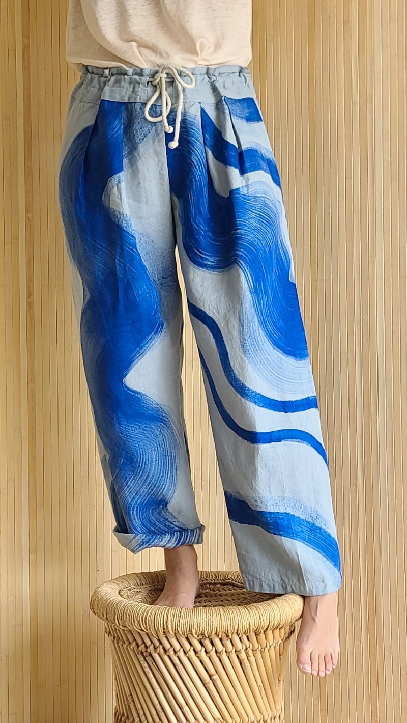 Image of pantalon "Anatole" peint en Wavy bleu T.M