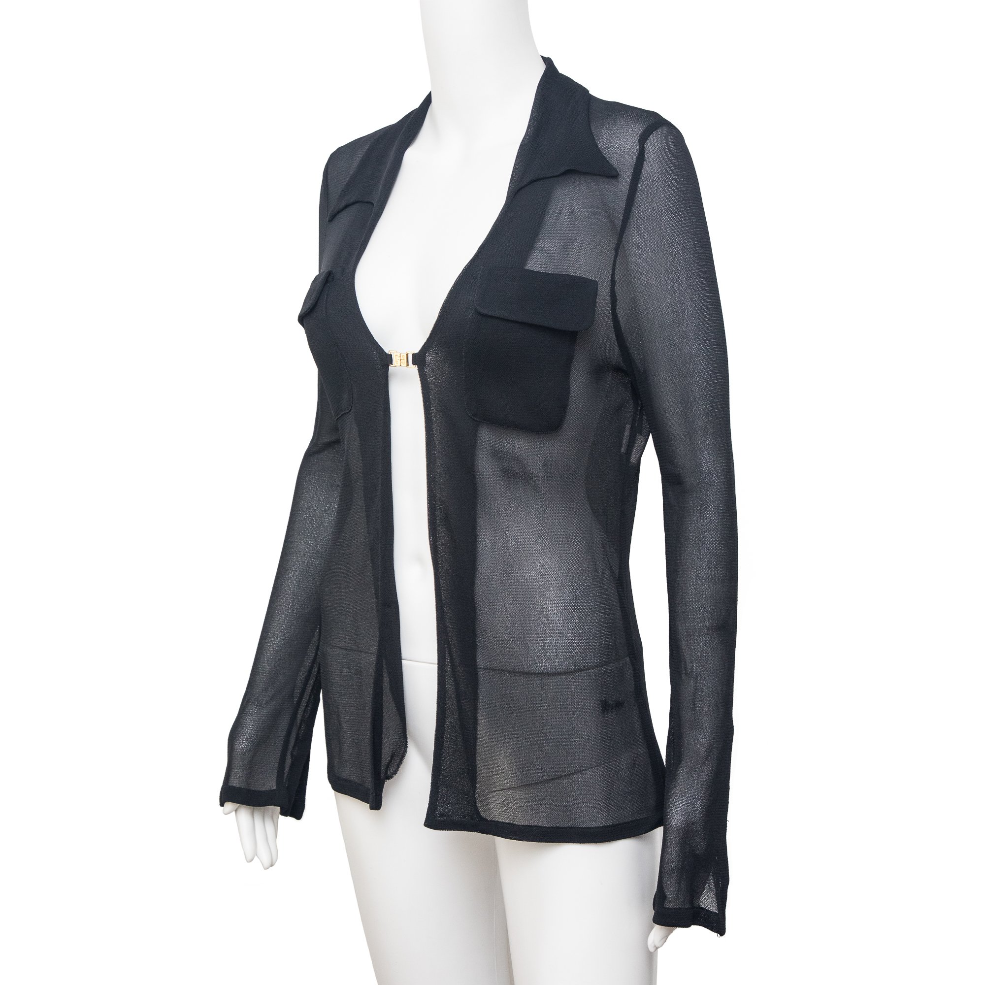 Image of Gucci by Tom Ford 1997 Black Sheer Logo Clasp Cardigan Top