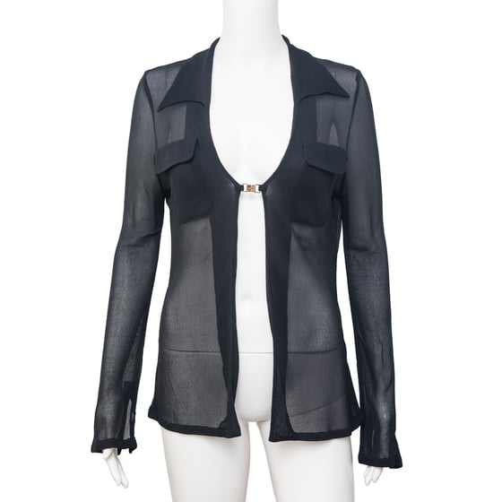Image of Gucci by Tom Ford 1997 Black Sheer Logo Clasp Cardigan Top