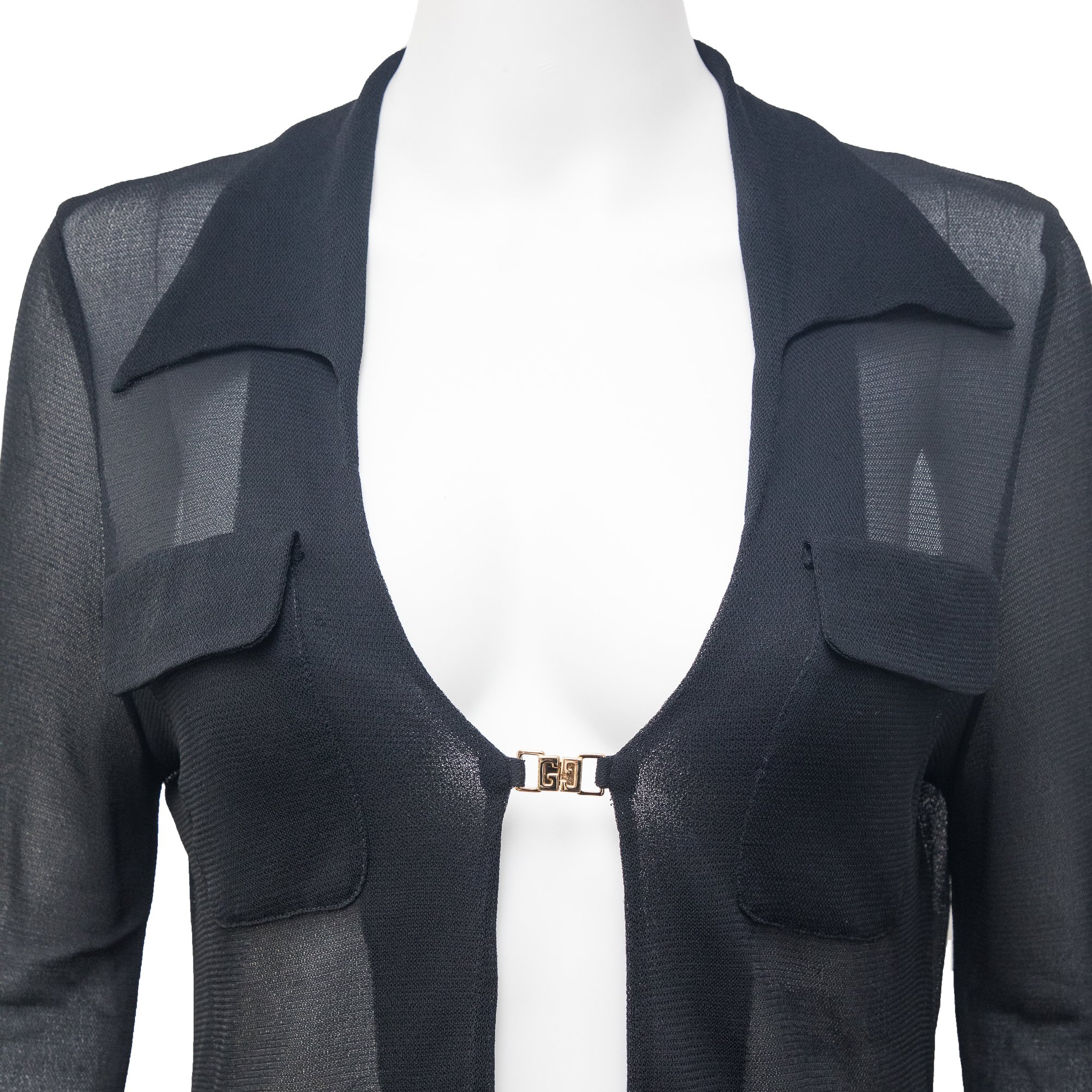 Image of Gucci by Tom Ford 1997 Black Sheer Logo Clasp Cardigan Top
