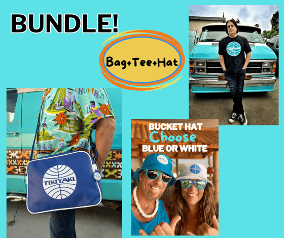 Image of Tikiyaki airways Bag -Airways Logo Shirt -Bucket Hats (Choose Blue or White) Bundle