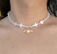 Image 1 of Angelic White & Gold Pearl Heart Cross Necklace