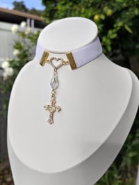 Image 2 of Angelic White & Gold Heart Cross Crystal Teardrop Choker