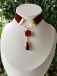 Image 2 of Romantic Wine Red & Gold Velvet Glass Teardrop Rose Choker