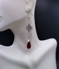 Image 1 of Gothic Silver Rose Blood Red Teardrop Earrings