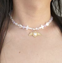 Image 2 of Angelic White & Gold Pearl Heart Cross Necklace