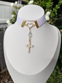 Image 3 of Angelic White & Gold Heart Cross Crystal Teardrop Choker