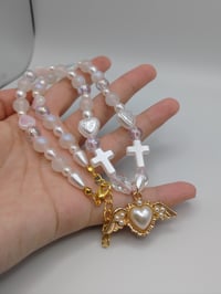 Image 4 of Angelic White & Gold Pearl Heart Cross Necklace