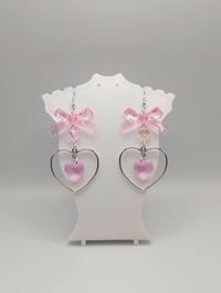 Image 1 of Pink Bow Heart Hoop Dangle Earrings