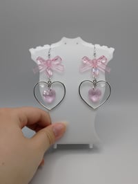 Image 2 of Pink Bow Heart Hoop Dangle Earrings