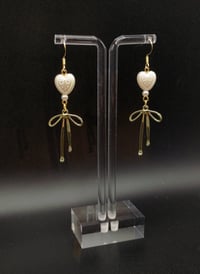 Image 1 of Dainty Gold Bow Pearl Heart Earrings