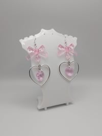 Image 3 of Pink Bow Heart Hoop Dangle Earrings