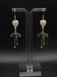 Image 2 of Dainty Gold Bow Pearl Heart Earrings