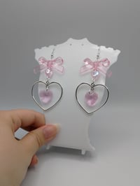 Image 5 of Pink Bow Heart Hoop Dangle Earrings