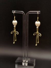 Image 4 of Dainty Gold Bow Pearl Heart Earrings