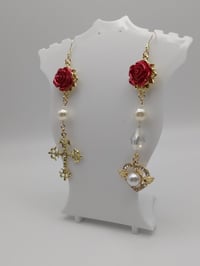 Image 2 of Romantic Red & Gold Asymmetric Rose Earrings