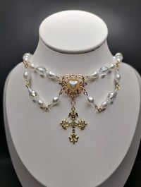 Image 1 of Romantic Baroque Gold Cross Pearl & Glass Necklace