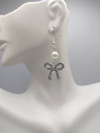 Image 1 of Dainty Pearl Silver Bow Earrings