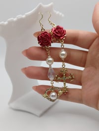 Image 4 of Romantic Red & Gold Asymmetric Rose Earrings