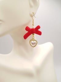 Image 1 of Red & Gold Rococo Bow Pearl Earrings