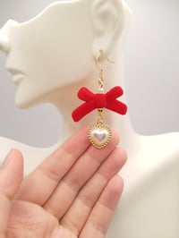 Image 2 of Red & Gold Rococo Bow Pearl Earrings