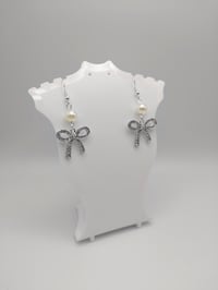 Image 4 of Dainty Pearl Silver Bow Earrings