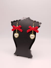 Image 3 of Red & Gold Rococo Bow Pearl Earrings