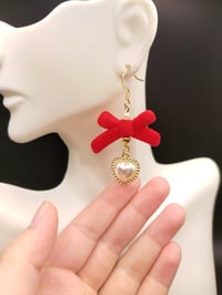 Image 5 of Red & Gold Rococo Bow Pearl Earrings