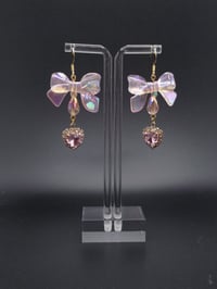 Image 3 of Pink Princess Bow Heart Gem Earrings