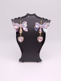 Image 4 of Pink Princess Bow Heart Gem Earrings