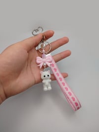 Image 2 of Pink Fuzzy Cat Heart Bow Keychain