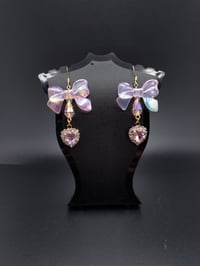 Image 2 of Pink Princess Bow Heart Gem Earrings