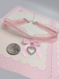 Image 5 of Pink Ruffled Lace Satin Bow Heart Choker