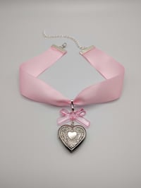 Image 1 of Baby Pink Satin Heart Locket Choker