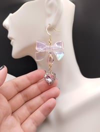 Image 5 of Pink Princess Bow Heart Gem Earrings