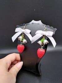 Image 1 of Red & White Cottagecore Strawberry Bow Earrings