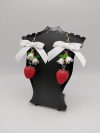 Image 2 of Red & White Cottagecore Strawberry Bow Earrings