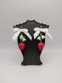 Image 3 of Red & White Cottagecore Strawberry Bow Earrings