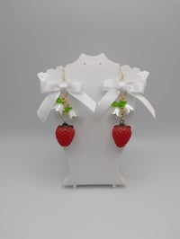 Image 4 of Red & White Cottagecore Strawberry Bow Earrings