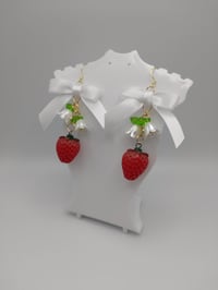 Image 5 of Red & White Cottagecore Strawberry Bow Earrings