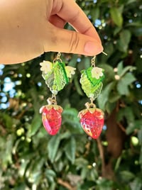 Image 3 of Picnic Red & Green Strawberry Earrings